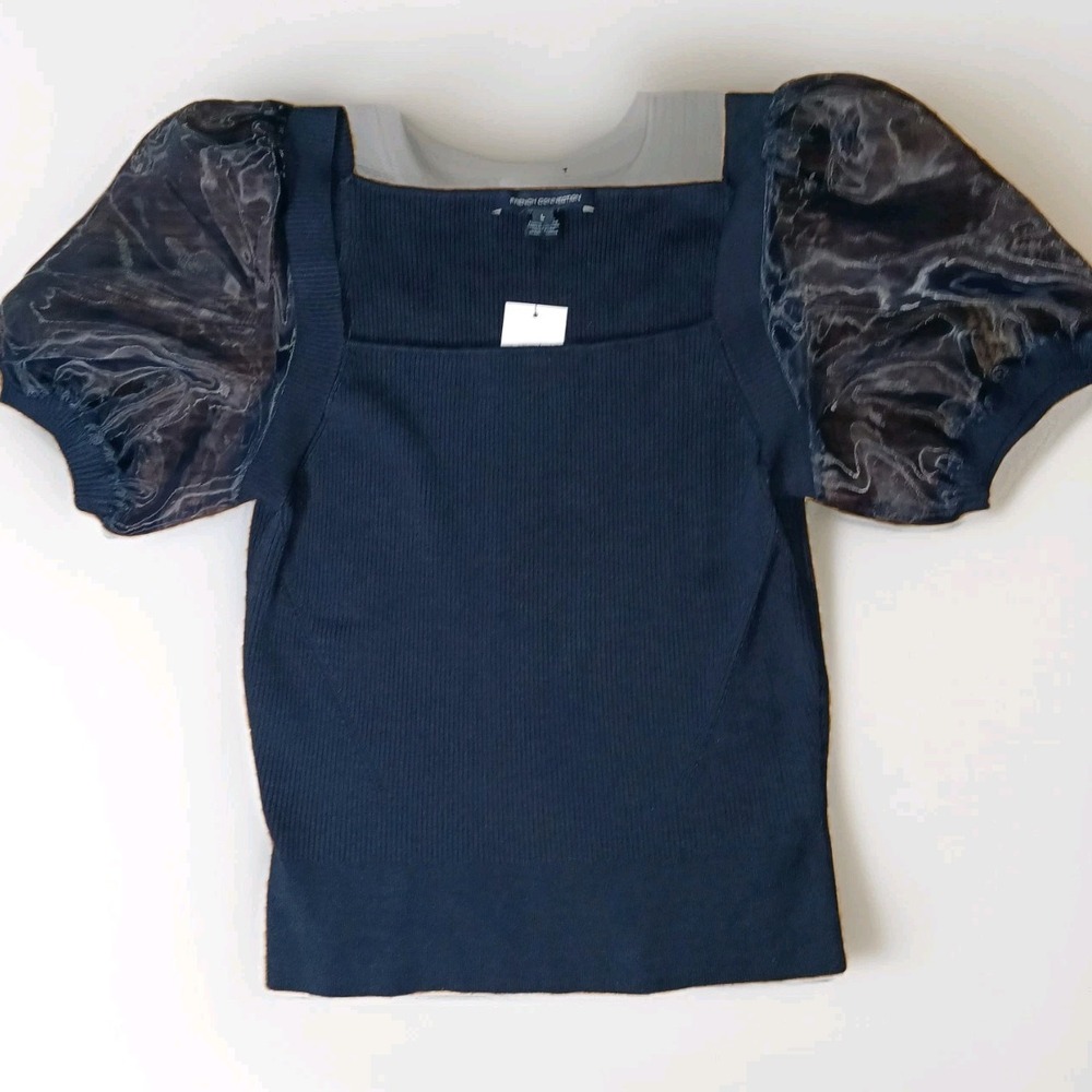 French Connection Women Top Size L Navy Puff Sleeve Party Cocktail Holiday NWT